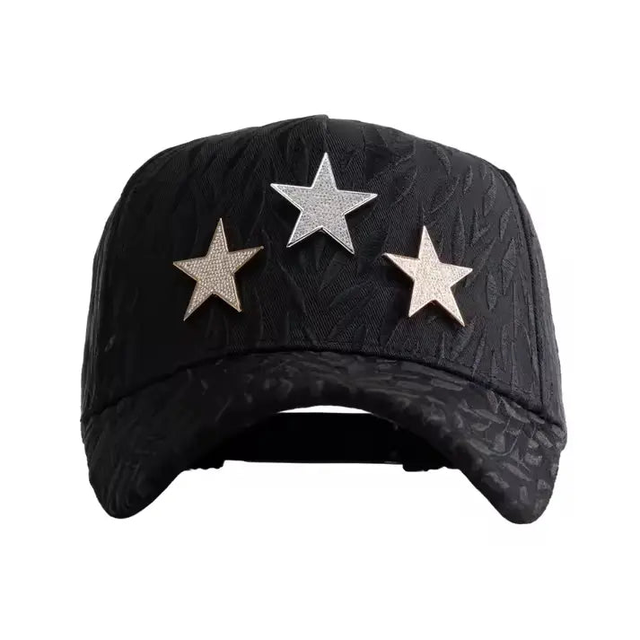 This Barbas Hats x CT "Rockstar" snapback cap features a textured black fabric adorned with three sparkling star pins in silver, gold, and rose gold